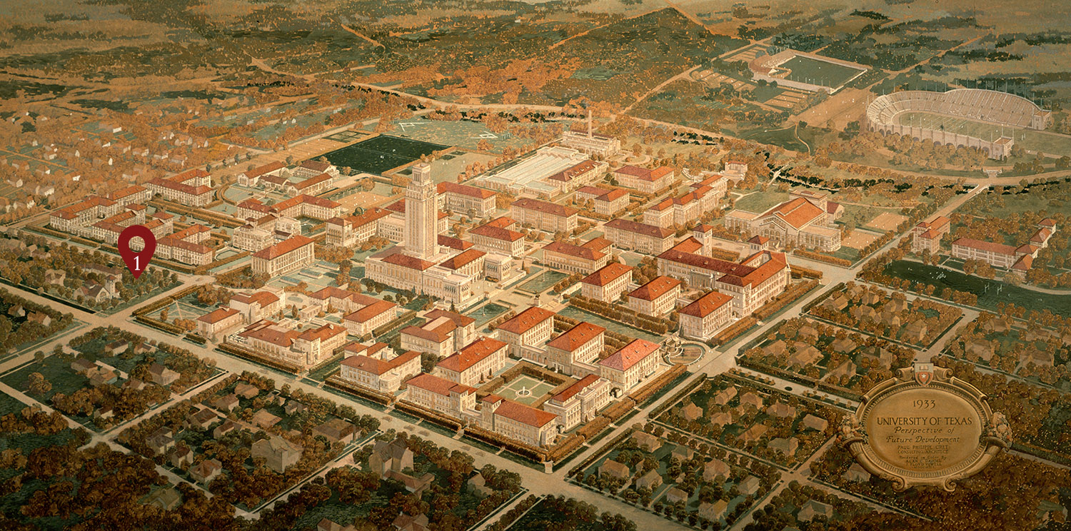 1933 architectural planning map of the University of Texas rendered by Paul Philippe Cret, with the location of the Littlefield Mansion tour stop marked.