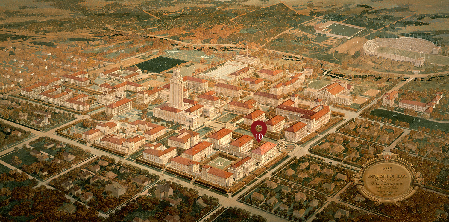 1933 architectural planning map of the University of Texas rendered by Paul Philippe Cret, with the location of the Robert E Lee tour stop marked.