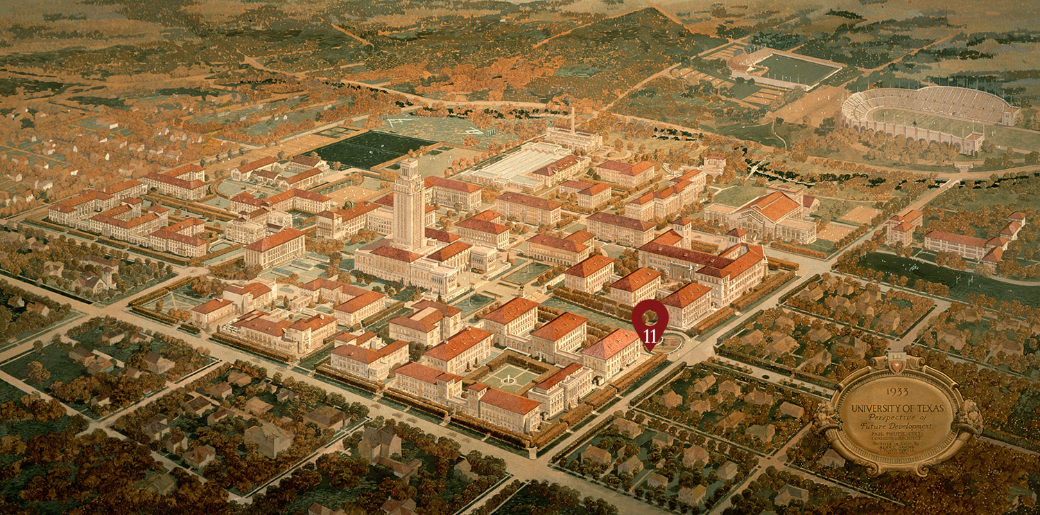 1933 architectural planning map of the University of Texas rendered by Paul Philippe Cret, with the location of the right side of Littlefield fountain tour stop marked.
