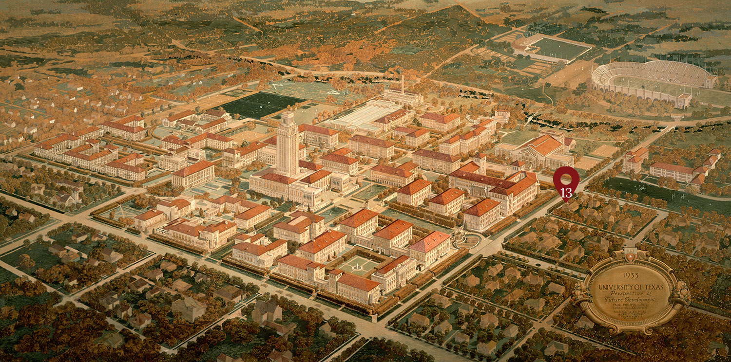 1933 architectural planning map of the University of Texas rendered by Paul Philippe Cret, with the location of the Perry-Castañeda Library/Alumni center tour stop marked.