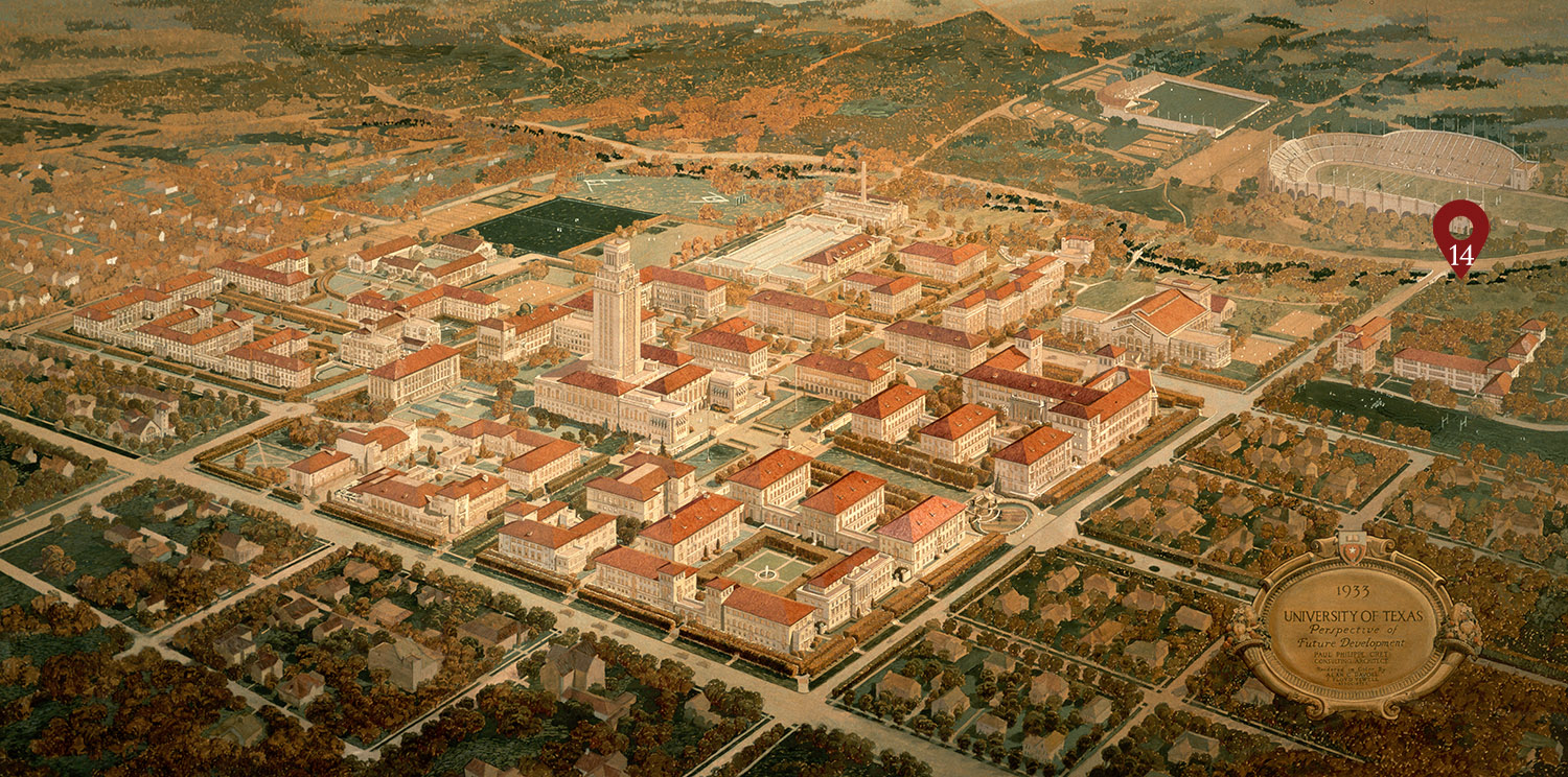 1933 architectural planning map of the University of Texas rendered by Paul Philippe Cret, with the location of the confederate flag tour stop marked.