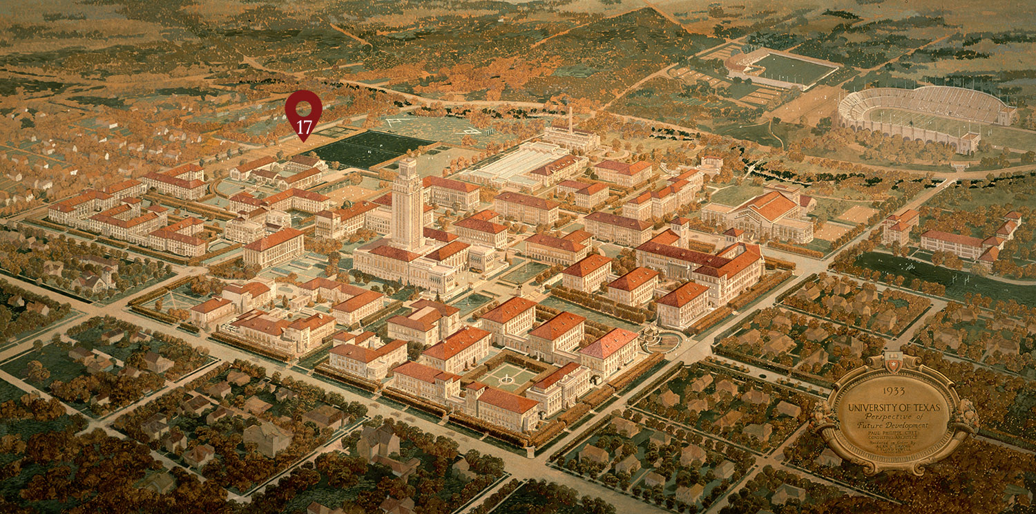 1933 architectural planning map of the University of Texas rendered by Paul Philippe Cret, with the location of Moore-Moffett Buildings marked.