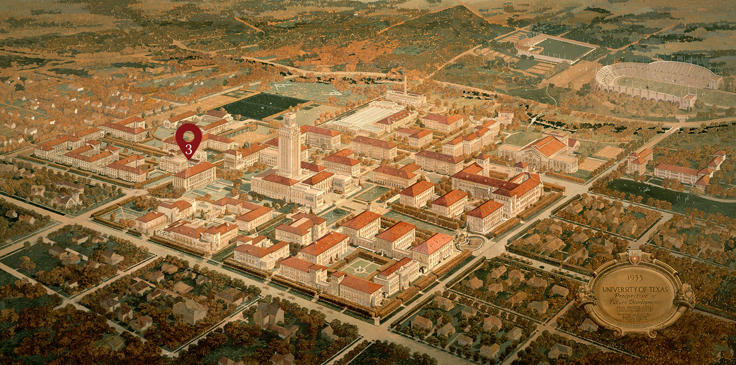 1933 architectural planning map of the University of Texas rendered by Paul Philippe Cret, with the location of the Gearing Hall tour stop marked.