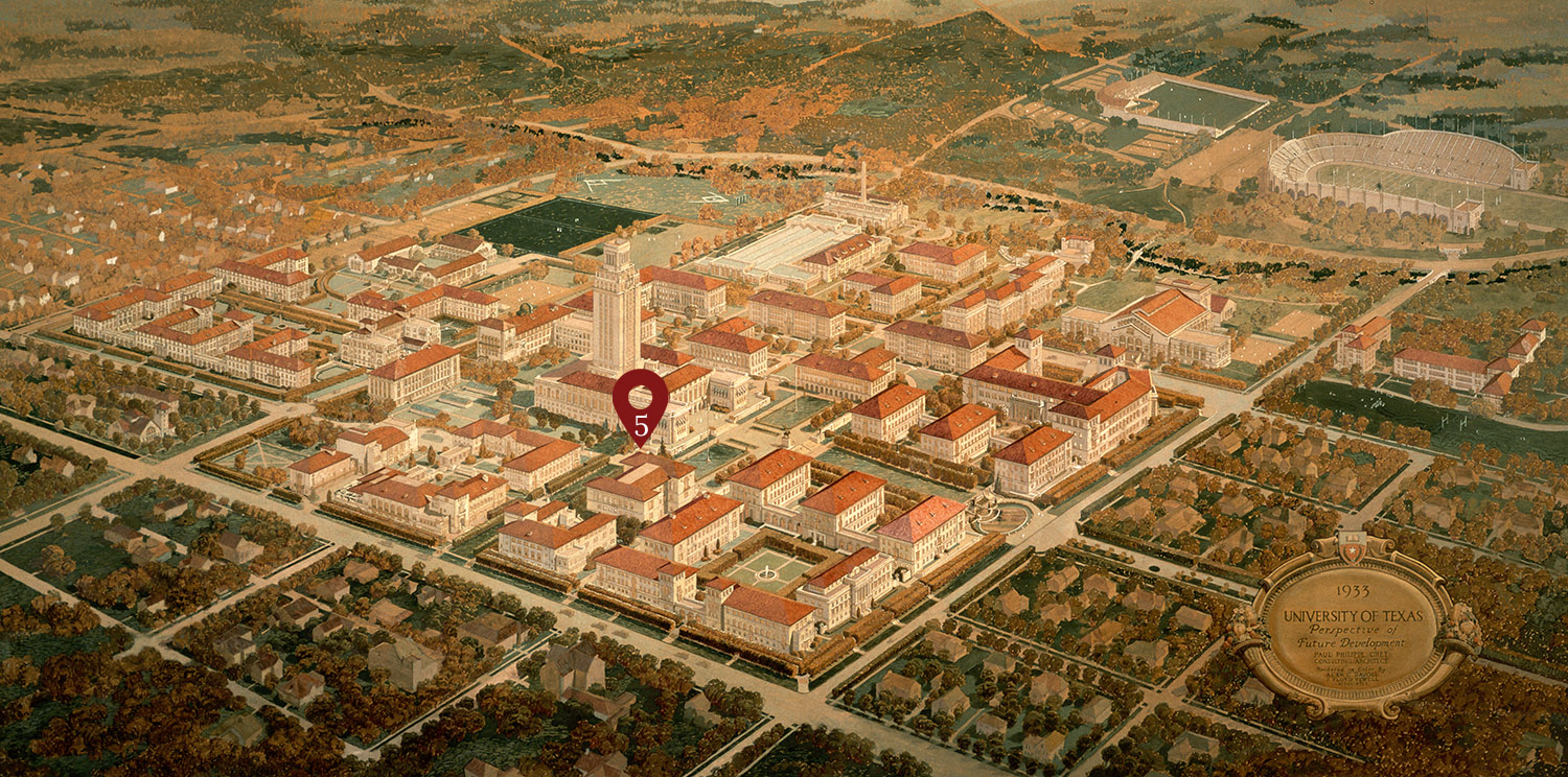 1933 architectural planning map of the University of Texas rendered by Paul Philippe Cret, with the location of the Steps of West Mall tour stop marked.